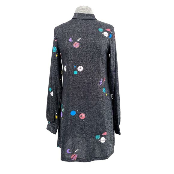Lazy Oaf Dresses & Skirts - Lazy Oaf Sparkly Space Planets Black Glitter High Neck Swing Dress Long Sleeve S